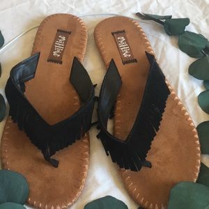 Suede fringe flip flops